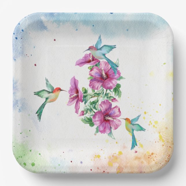 Three Hummingbirds Watercolor Paper Plate (Front)