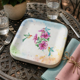 Three Hummingbirds Watercolor Paper Plate