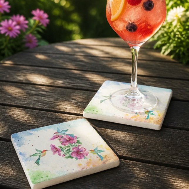 Three Hummingbirds Watercolor Stone Coaster (Creator Uploaded)