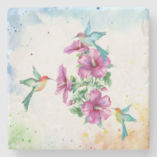 Three Hummingbirds Watercolor Stone Coaster