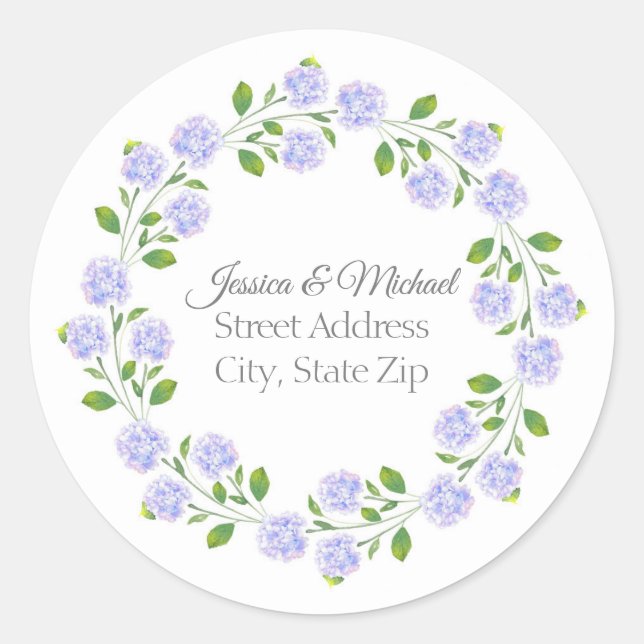Three Hydrangeas Watercolor Floral Wreath Classic Round Sticker (Front)