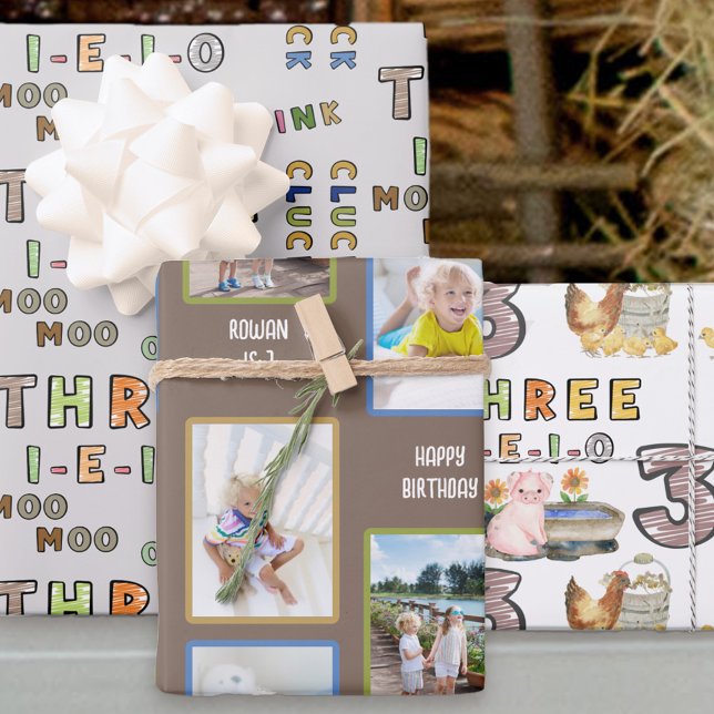 Three-i-e-i-o 3rd Birthday Photos and Farm Theme Wrapping Paper Sheet (Three-i-e-i-o nursery rhyme farm theme 3rd birthday gift wrap in 3 designs including photo collage)