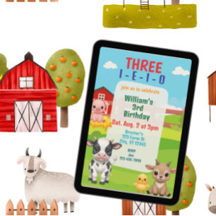 Three I-E-I-O, Cute Farm Animal 3rd Birthday Invitation