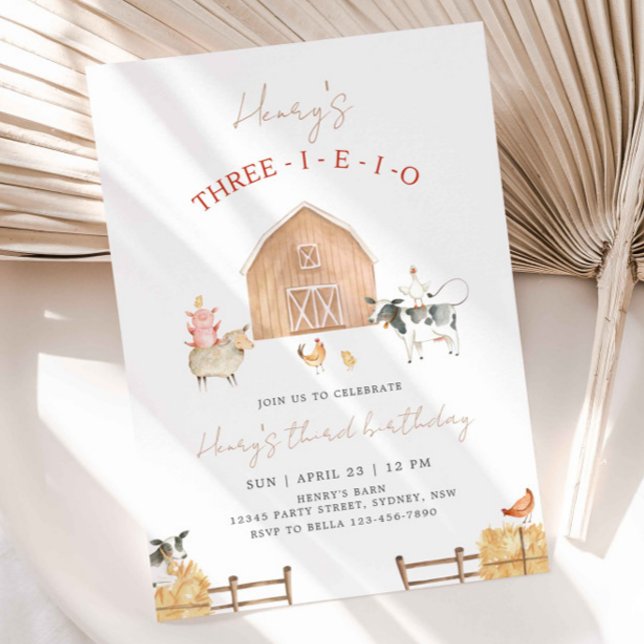 Three-I-E-I-O Farm Animals 3rd Birthday Beige Barn Invitation (Creator Uploaded)