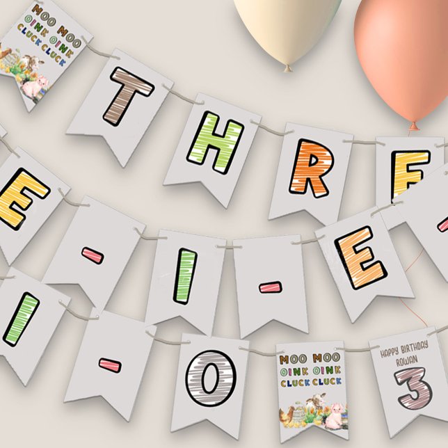 Three-i-e-i-o Farm Animals 3rd Birthday Party Bunting (Three-i-e-i-o nursery rhyme farm theme 3rd birthday 
party bunting)