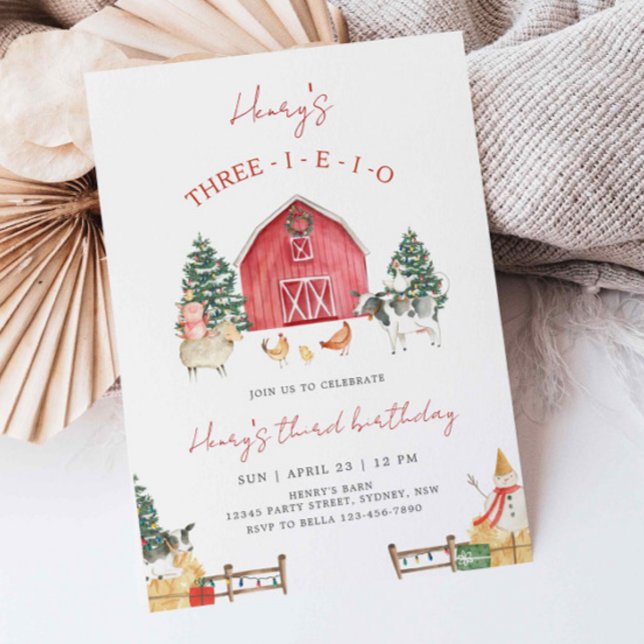 Three-I-E-I-O Farm Christmas 3rd Birthday Party Invitation (Creator Uploaded)