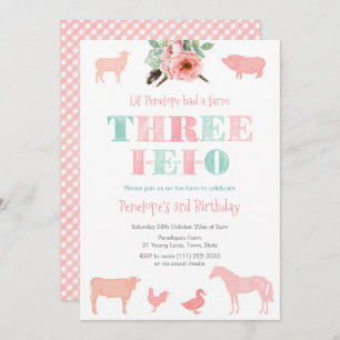 THREE-IEIO, Old MacDonald Girl 3rd Birthday Party Invitation