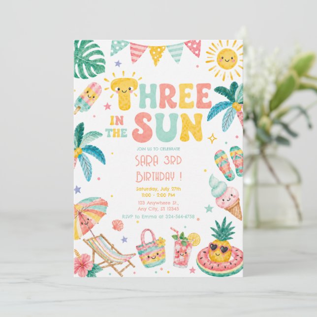 Three in the Sun 3rd Birthday Beach Party  Invitation (Standing Front)