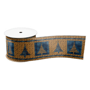 Three-Inch Tiger Print with Blue Christmas Trees Satin Ribbon