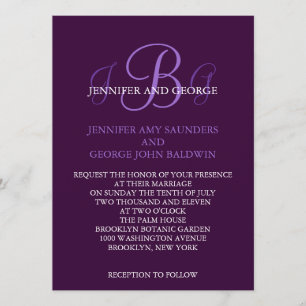 Three Initials Wedding Invitation Purple Mauve
