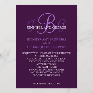Three Initials Wedding Invitation Purple Mauve