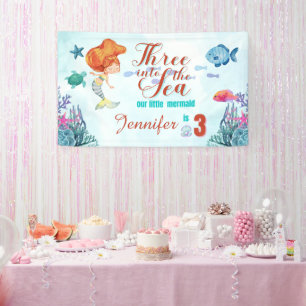 Three into the Sea Mermaid Girls 3rd birthday  Banner