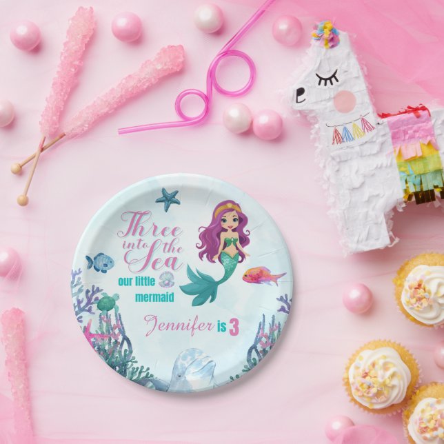 Three into the Sea Mermaid Girls 3rd birthday Paper Plate (Party)
