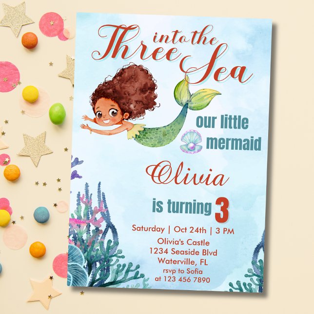 Three into the Sea Mermaid Theme 3rd birthday  Invitation (Creator Uploaded)