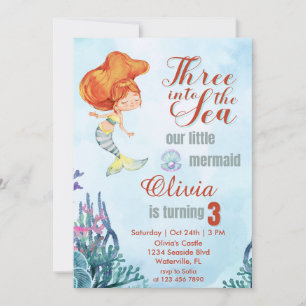 Three into the Sea Orange Mermaid 3rd birthday  Invitation