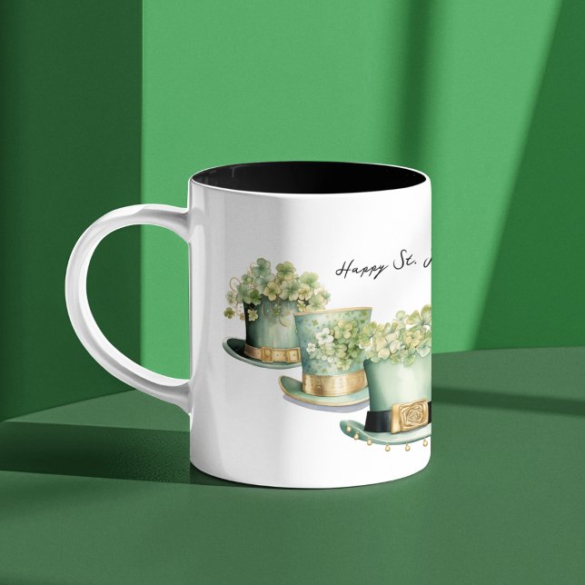 Three Irish St Patrick's Day Leprechaun Hats Two-Tone Coffee Mug (Three leprechaun St Patty's Day hats on a customizable coffee mug for the Irish holiday. )