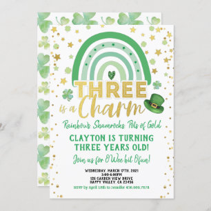 Three Is A Charm 3rd Birthday St Patrick's Day Invitation