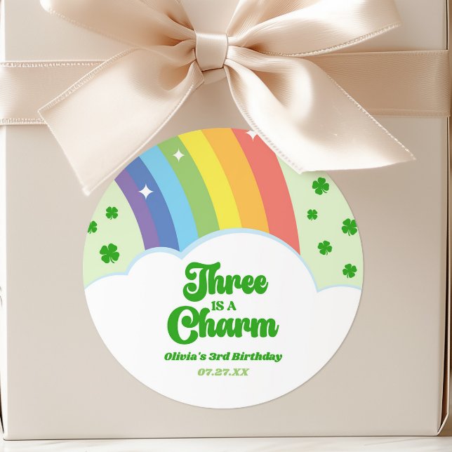 Three Is A Charm Rainbow 3rd Birthday Party Classic Round Sticker (Creator Uploaded)