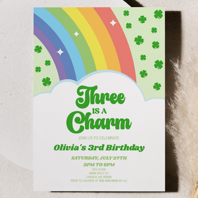 Three Is A Charm Rainbow 3rd Birthday Party Invitation (Creator Uploaded)