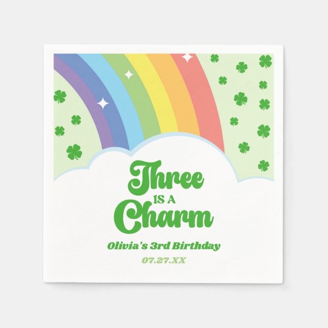 Three Is A Charm Rainbow 3rd Birthday Party Napkin (Front)