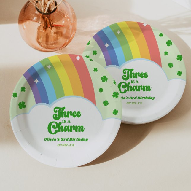 Three Is A Charm Rainbow 3rd Birthday Party Paper Plate (Creator Uploaded)