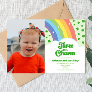 Three Is A Charm Rainbow Clover 3rd Birthday Party Invitation