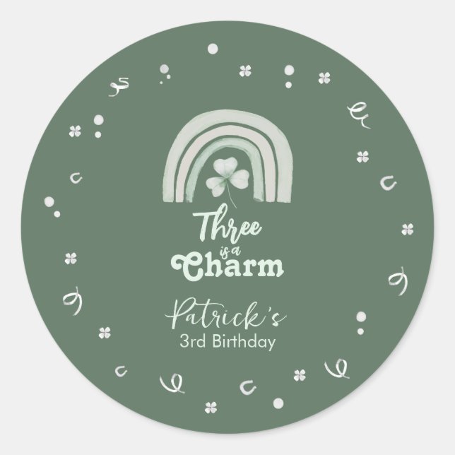 Three Is A Charm Shamrock Any Age Birthday Classic Round Sticker (Front)