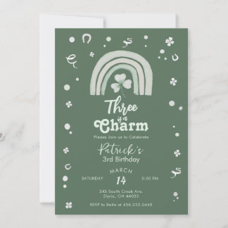 Three Is A Charm Shamrock Any Age Birthday Invitation