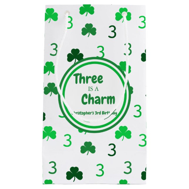 Three Is A Charm St Patrick's Day 3rd Birthday Small Gift Bag (Front)