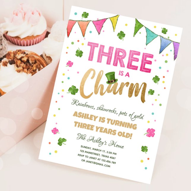 Three is a Charm St. Patrick's Day Girl Birthday Invitation (Creator Uploaded)