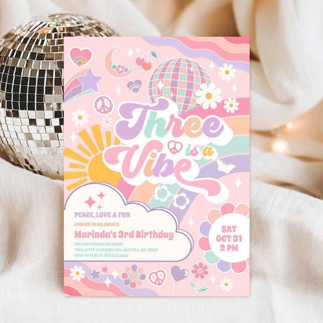 Three Is A Vibe Cloud Rainbow Sun 3rd Birthday  Invitation (Creator Uploaded)