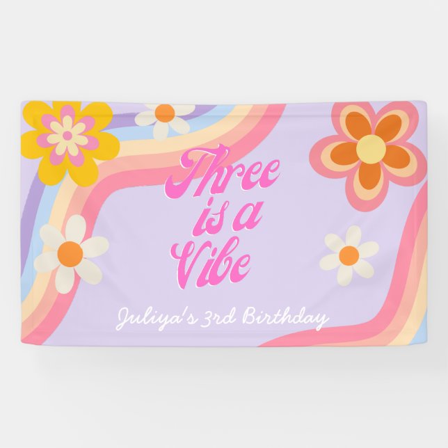 Three is a vibe Retro Rainbow 3rd Birthday  Banner (Horizontal)