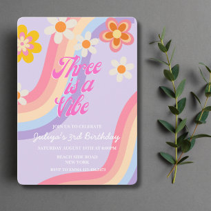 Three is a vibe Retro Rainbow 3rd Birthday Invitation