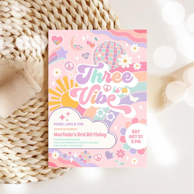 Three Is A Vibe Sun Rainbow Disco 3rd Birthday Invitation (Creator Uploaded)