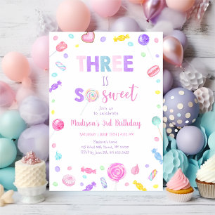 Three is So Sweet Candy Lollipop Birthday Invitation