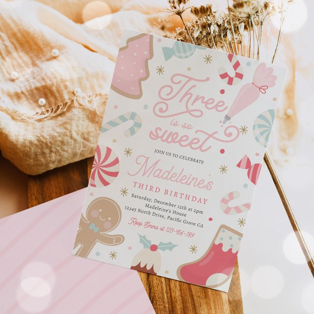 Three Is So Sweet Christmas Cookie 3rd Birthday Invitation (Creator Uploaded)