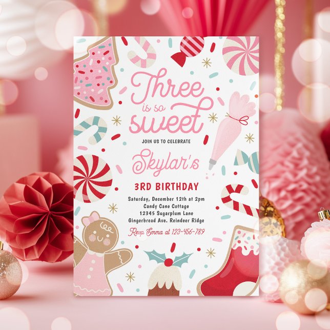 Three Is So Sweet Christmas Cookie Birthday Party  Invitation (Creator Uploaded)