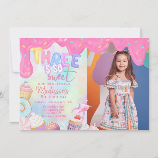 three is so sweet custom photo  invitation (Front)