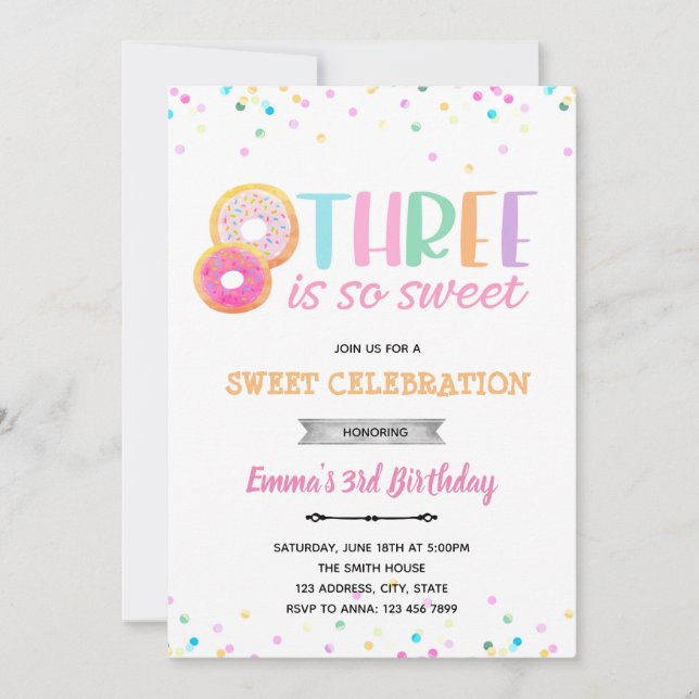 Three is so sweet doughnut invitation (Front)