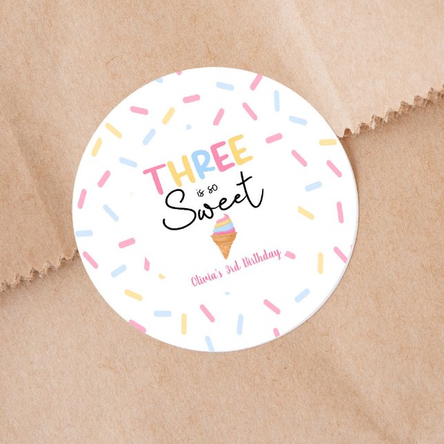 Three Is So Sweet Ice Cream 3rd Birthday Party Classic Round Sticker (Creator Uploaded)