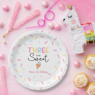 Three Is So Sweet Ice Cream 3rd Birthday Party Paper Plate