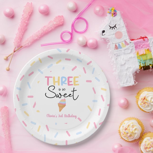 Three Is So Sweet Ice Cream 3rd Birthday Party Paper Plate (Party)