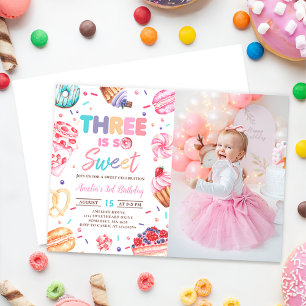 Three Is Sweet Doughnut Candy 3rd Birthday Photo Invitation