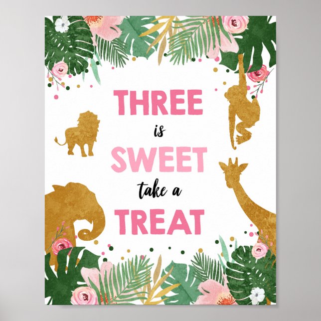 Three is Sweet Safari Animals Girl Birthday Sign (Front)