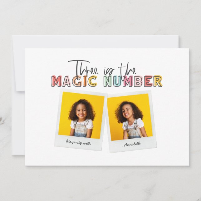 Three is the magic number 3rd birthday party announcement (Front)