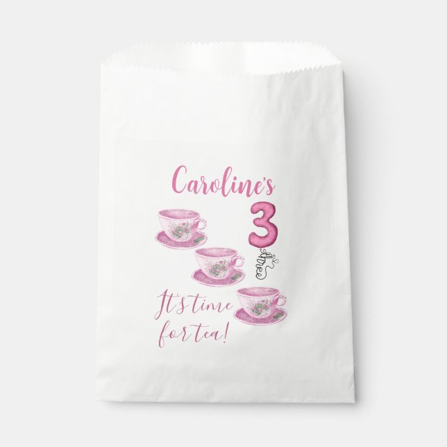 Three It’s Time for Tea 3rd Birthday Invitation Favour Bags (Front)