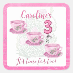Three It’s Time for Tea 3rd Birthday Invitation Square Sticker