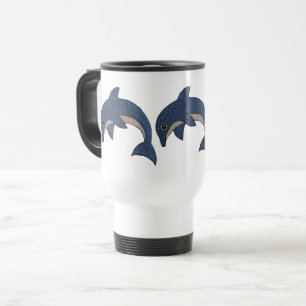 Three Jumping Sparkle Dark Blue White Dolphins Travel Mug