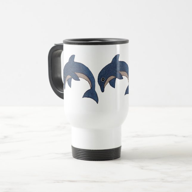 Three Jumping Sparkle Dark Blue White Dolphins Travel Mug (Front Left)
