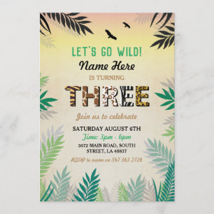 Three Jungle 3rd Birthday Party Safari ZOO Invite